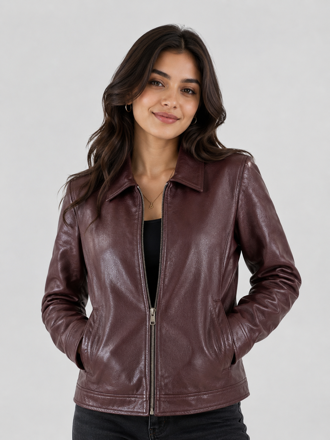 Classic Sheep Leather Jacket – Burgundy / Black