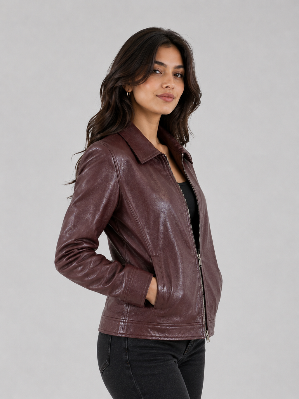 Classic Sheep Leather Jacket – Burgundy / Black