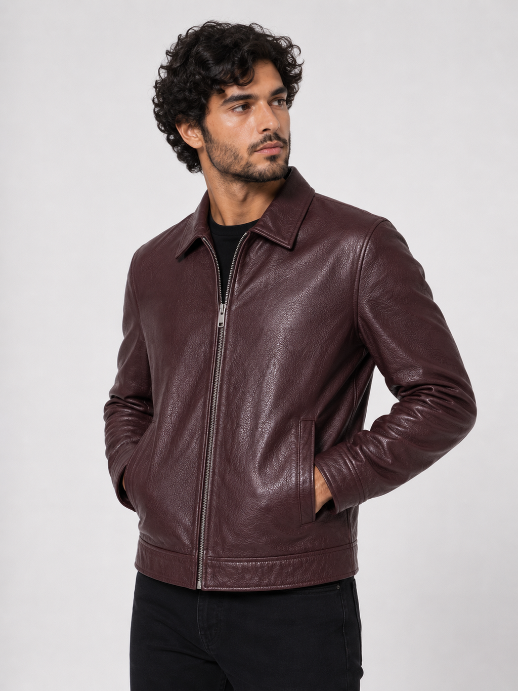 Classic Sheep Leather Jacket – Burgundy / Black