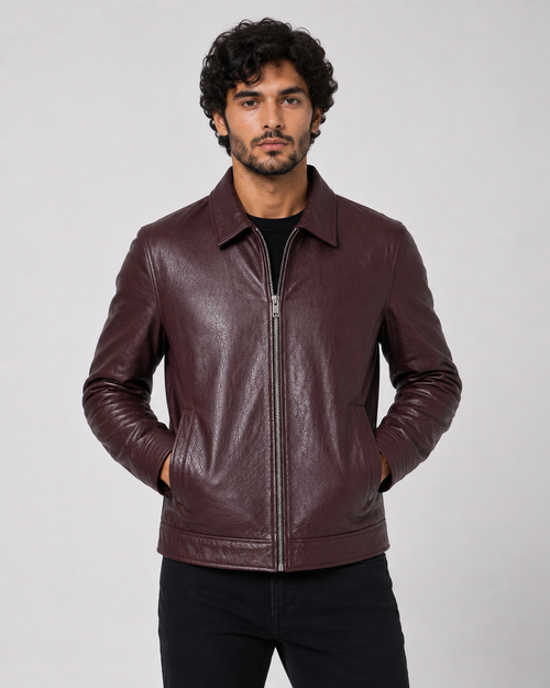 Classic Sheep Leather Jacket – Burgundy / Black