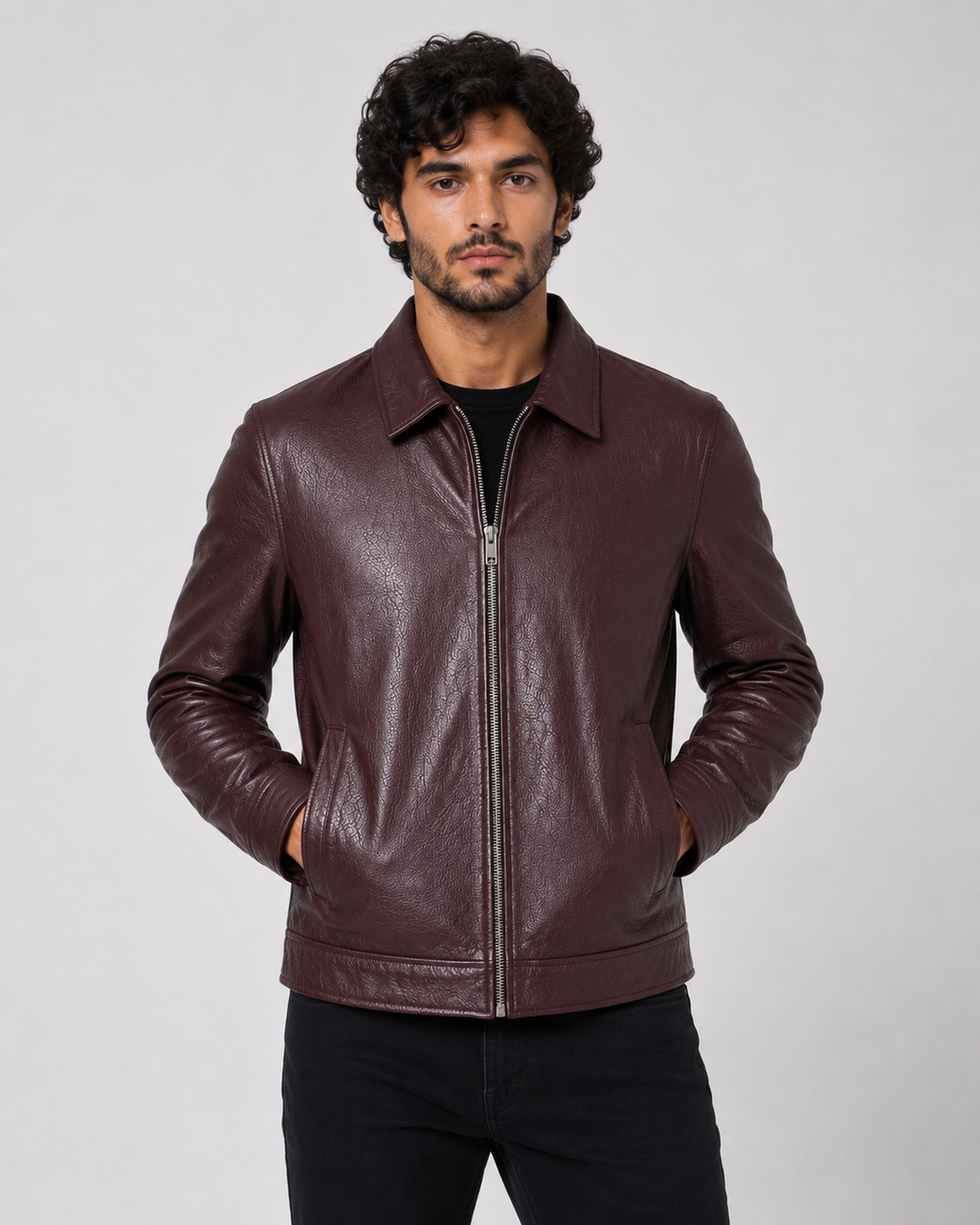 Classic Sheep Leather Jacket – Burgundy / Black