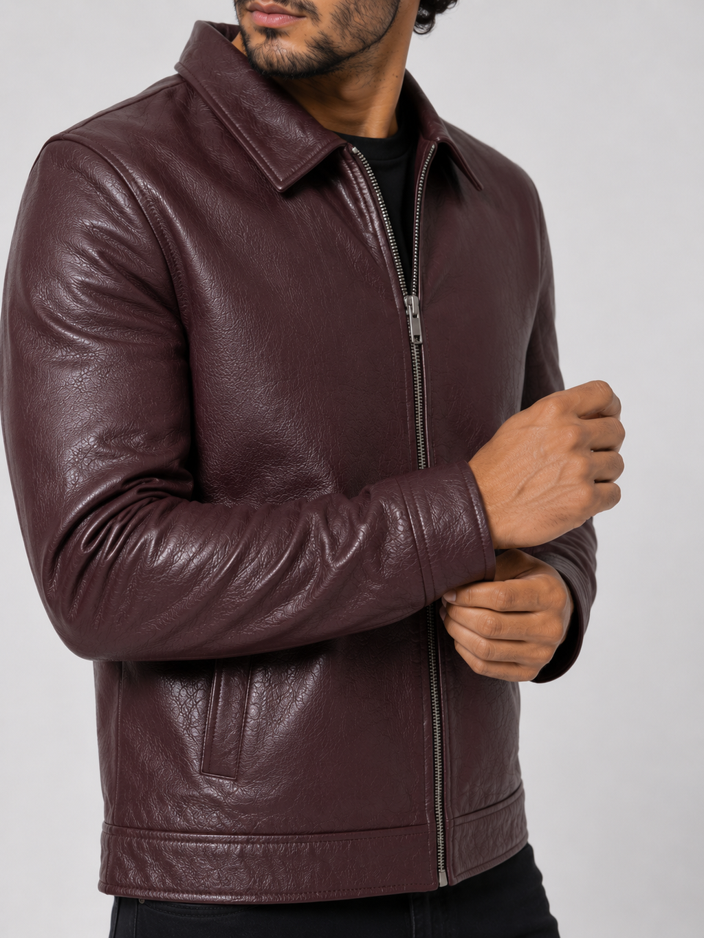 Classic Sheep Leather Jacket – Burgundy / Black