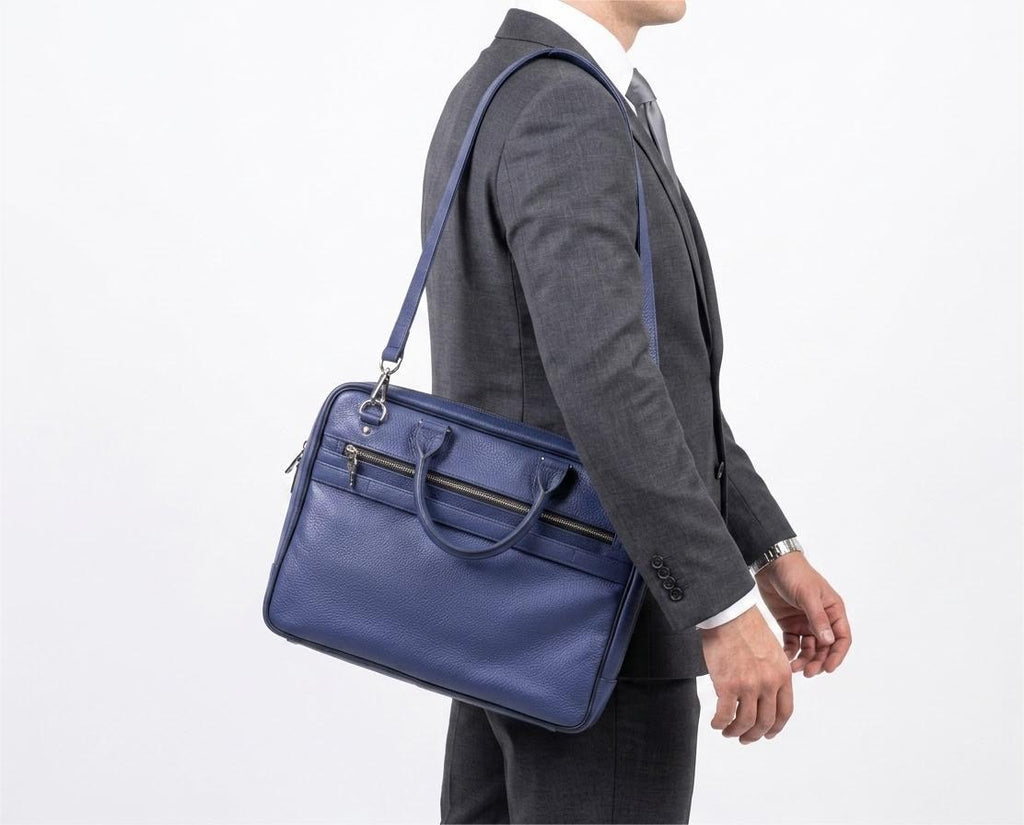 Royal Blue Full-Grain Cow Leather Executive Laptop Briefcase
