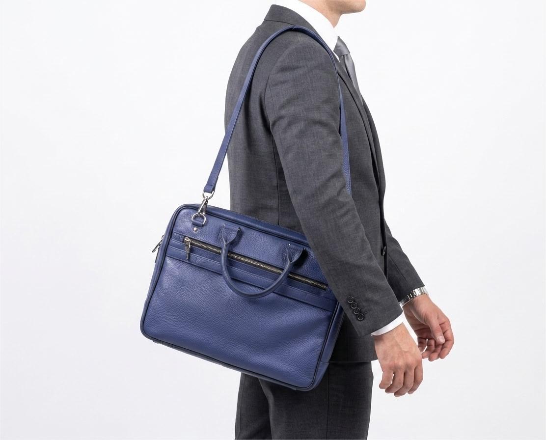 Royal Blue Full-Grain Cow Leather Executive Laptop Briefcase