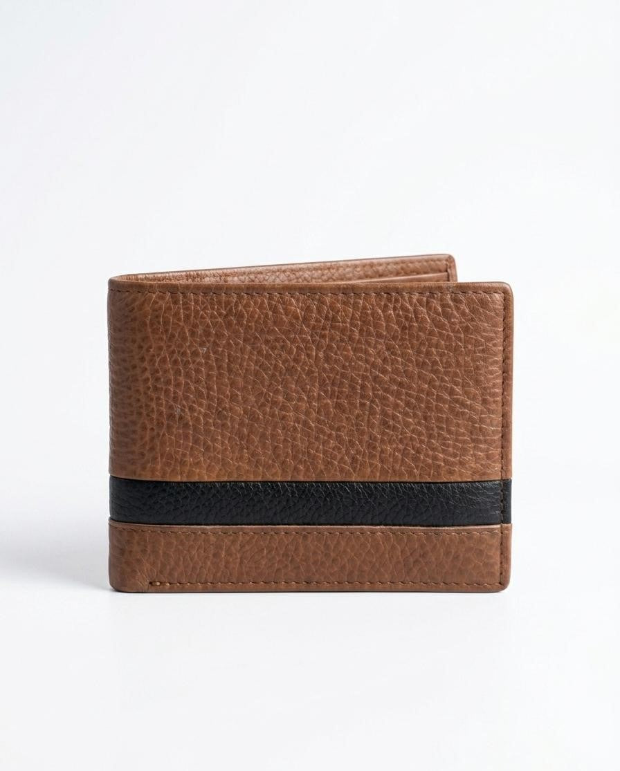 Textured Leather Bi-Fold Wallet with Stripe Detail