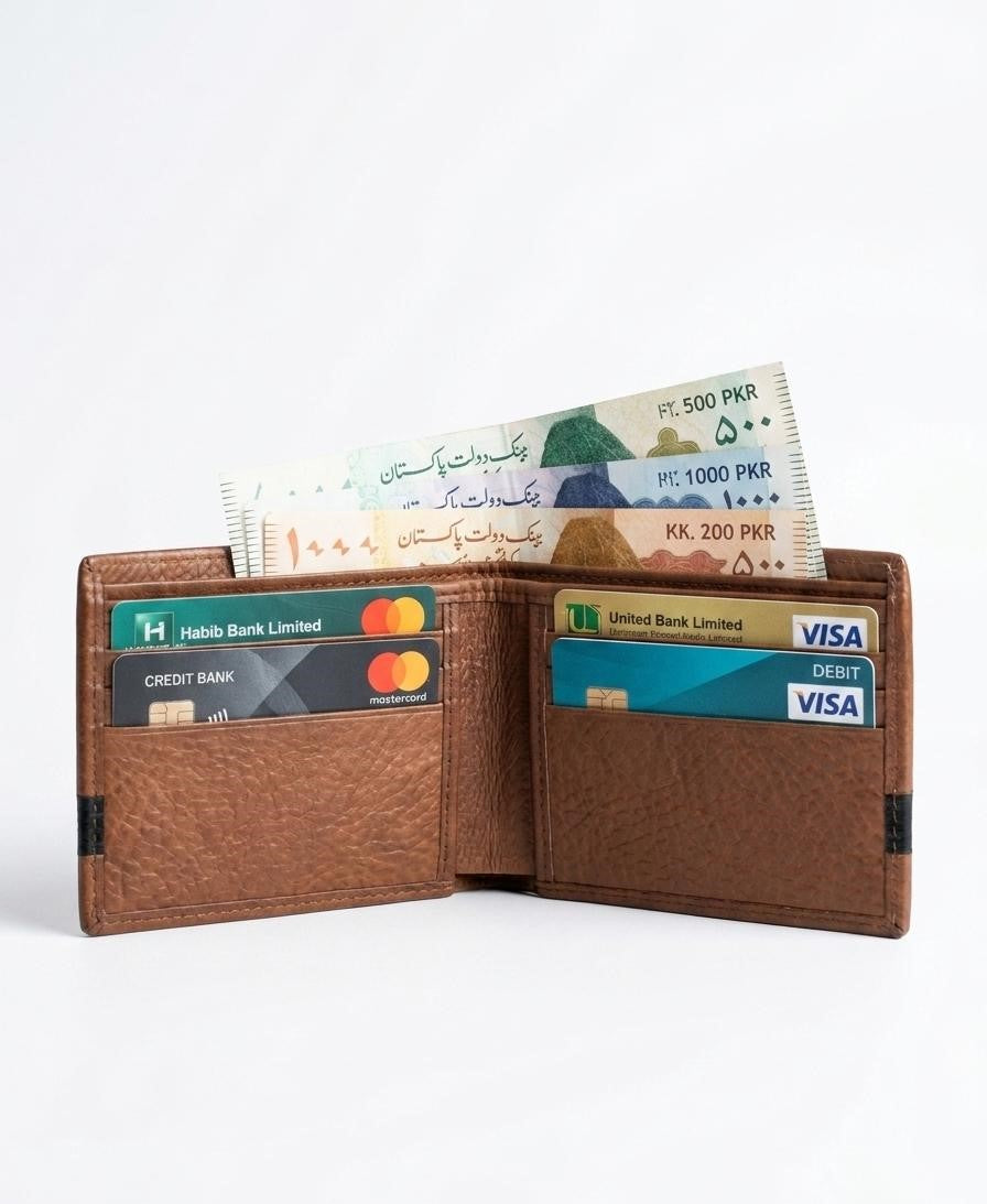Textured Leather Bi-Fold Wallet with Stripe Detail