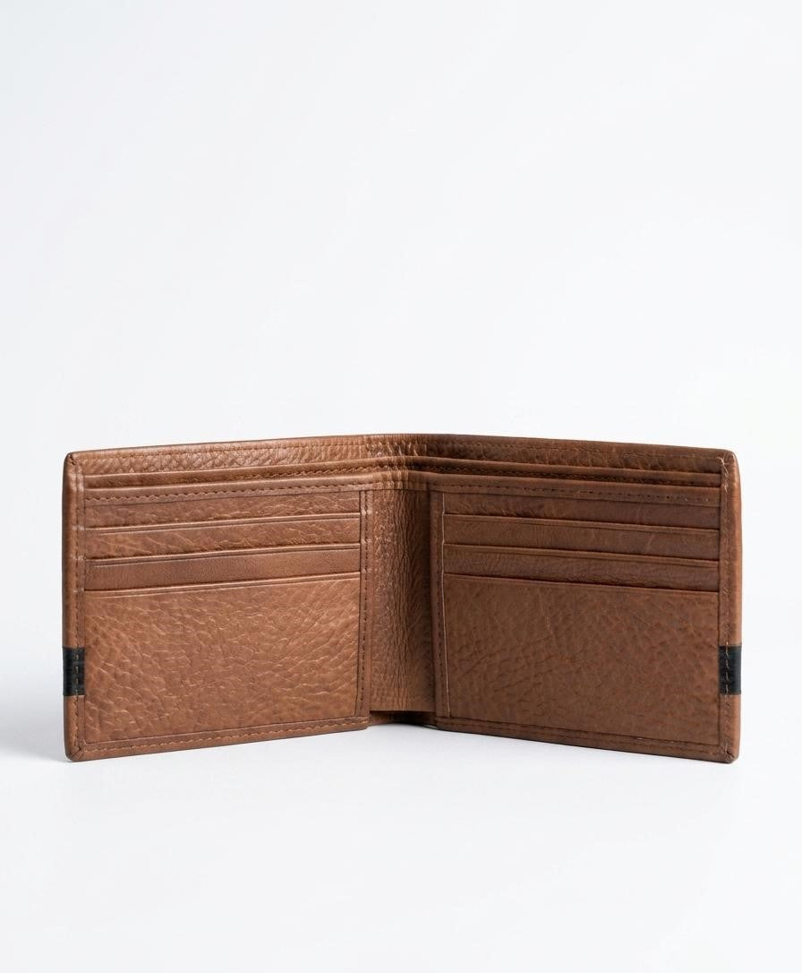 Textured Leather Bi-Fold Wallet with Stripe Detail